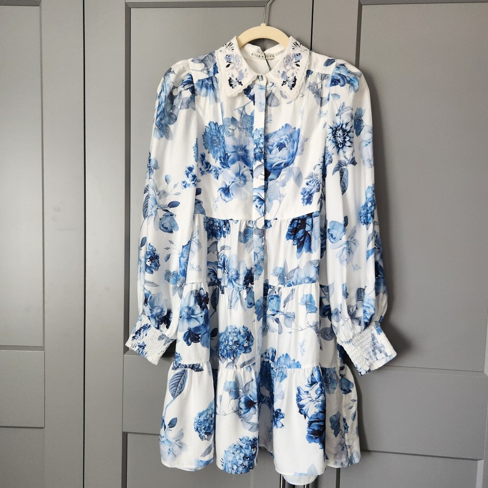 New Alice + Olivia Women's Blue White Floral Tiered Junia Mini Dress Size 2 NWT